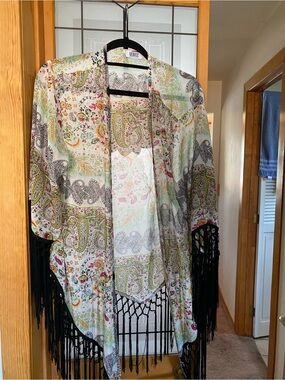 Monroe & Main Multi-Color Paisley Kimono with Black Fringe